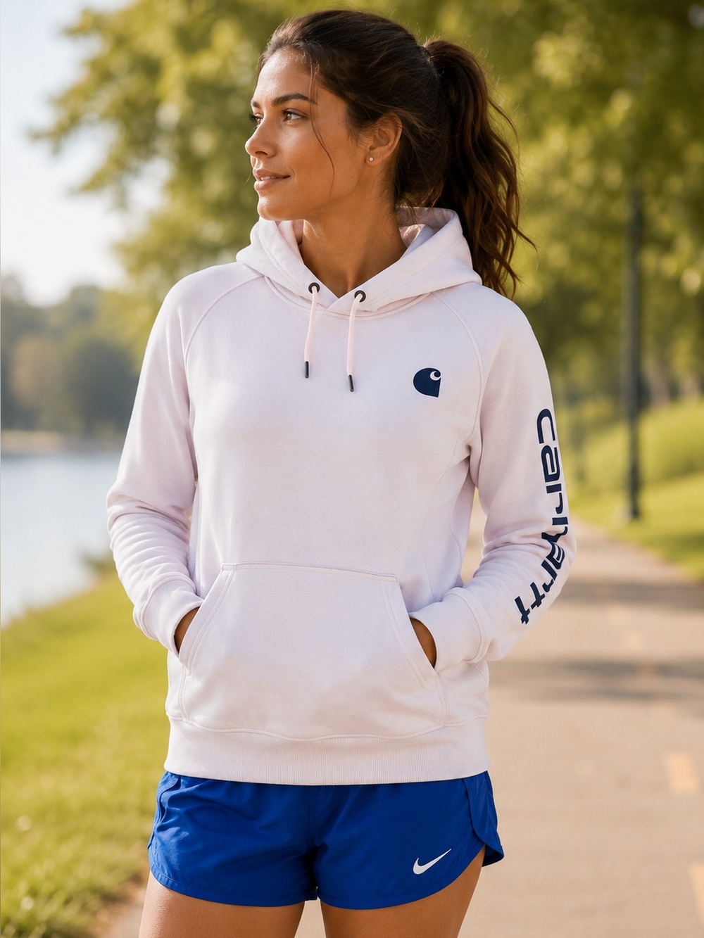 Carhartt Light Pink Pullover Hoodie with Gray Logo